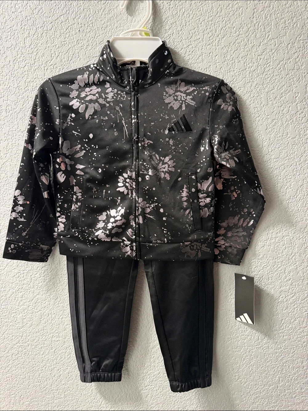 adidas Black Jacket & Pants Set with Light Pink Floral Print